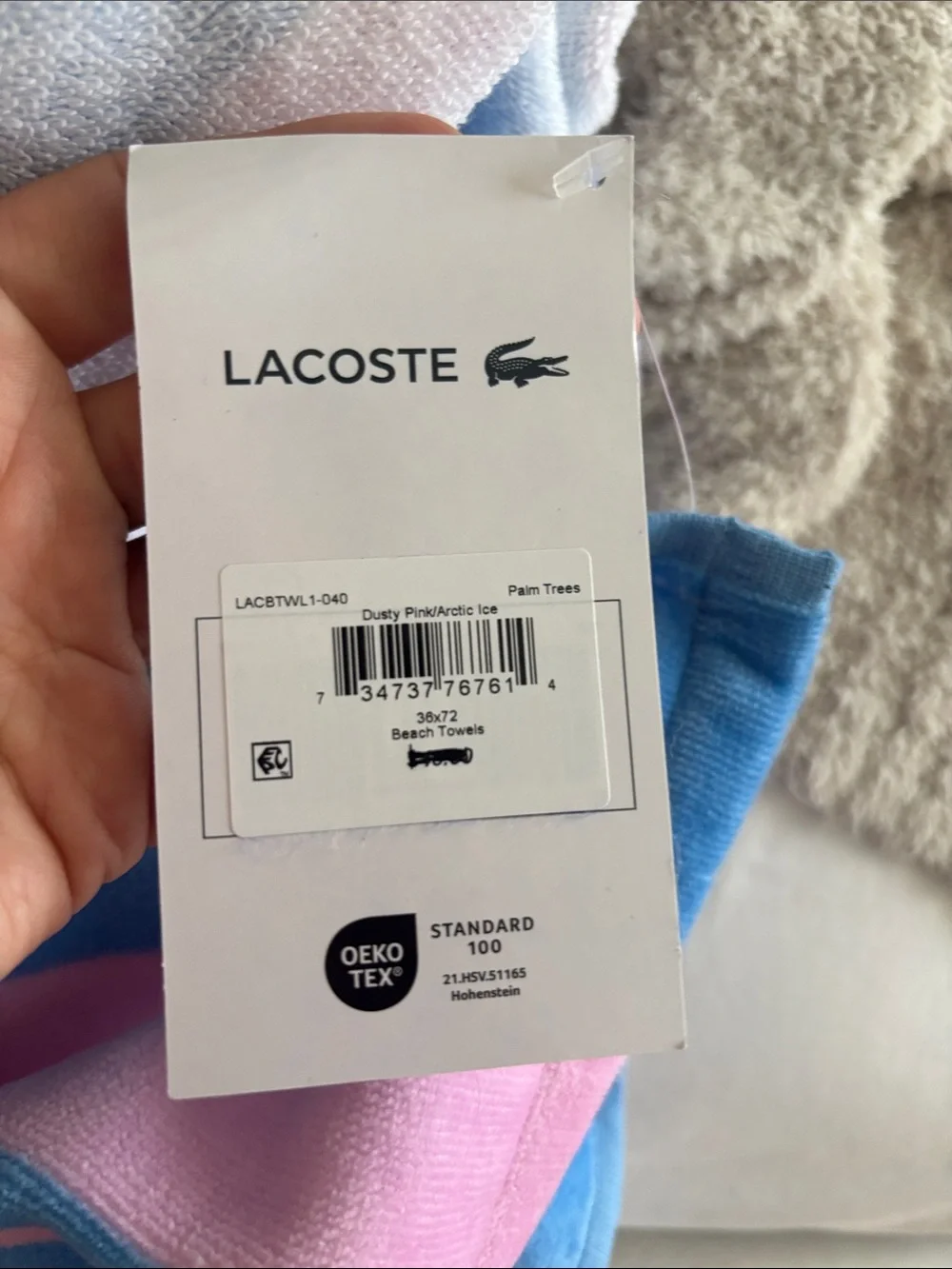 Lacoste Blue and Pink Striped Palm Tree Beach Towel NWT size 36 x 72